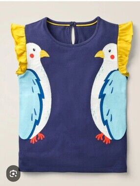 Mini Boden Girl's Flutter Applique T-Shirt in Blue Bird Print Sz 7/8
